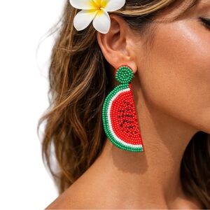 Watermelon Earrings Hand Beaded  Tropical Vacation Fruit Statement Jewelry | NWT